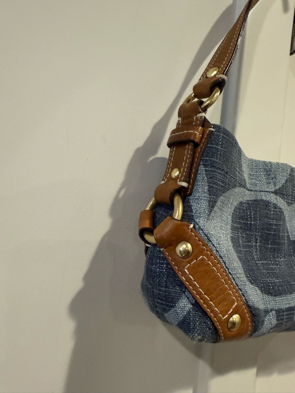 Coach Carly Blue Denim Signature Canvas Shoulder Bag with Brown Leather - Picture 4 of 7
